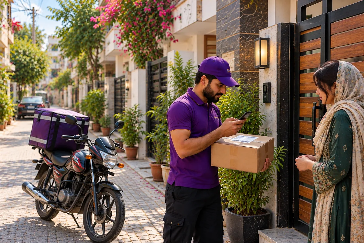 Akiamore Courier rider handing a parcel to a customer at their doorstep