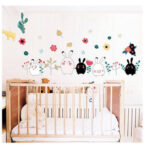 Super Mignon Noir Et Blanc De Bande Dessinée Lapin Fleurs Stickers Muraux Enfants Chambre Décoration Amovible Animal Applique Armoire size 60x90 mj8009 - Image 3