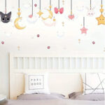 Sky, Moon, Clouds, Cats and Rabbits Pattern Wall Sticker, Suitable for TV Background, Window, Dining Room, - Image 2
