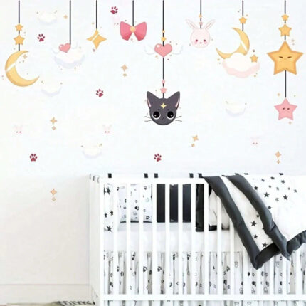 Sky, Moon, Clouds, Cats and Rabbits Pattern Wall Sticker, Suitable for TV Background, Window, Dining Room,