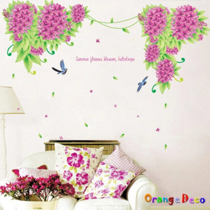 Wall stickers featuring flowers, plants, birds, stylish Nordic, cafe, modern, English lettering, bathroom, wall decals, floral wallpaper stickers, text, English, purple, green, entrance size 60x90 am9033