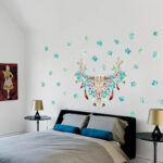 Creative indigenous Mediterranean blue flowers dear head bone elegant wall stickers home decor living room xh9238 - Image 2