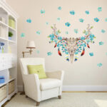 Creative indigenous Mediterranean blue flowers dear head bone elegant wall stickers home decor living room xh9238 - Image 3