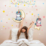 Pink Cartoon Unicorn Wall Sticker Moon and Stars Colorful Flag Wallpaper for Kid's Living Room Bedroom - Image 2