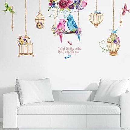 Colorful Birds Wall Stickers Birdcage Home decor for Living Room Bedroom Children Room Creative Wall Decals size 60x90  hm92018