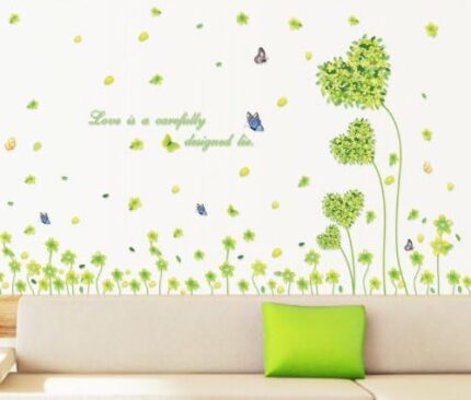 Heart Green Leaf Butterfly Wall Sticker Wall Paper Sticker Renewal Removable Stylish Cute Flower Grass Plant Butterfly Children's Room Decor Present size 50x7 am7047