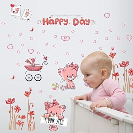 ORDERIN Christmas Gift Romantic Pink Cat Removable Mural Wall Stickers Wall Decal for Living Room and Children Bedroom Wall and Home Decor  size 50x70 ay7280