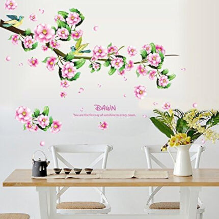 Wall Decal Pink Flowers Green Leaves Lovely Birds Home Sticker Ay7206