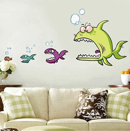 Cartoon Big Fish Eat Small Fish Wall Stickers Home Decor Living Room Bedroom DIY Art Mural Removable Wall Sticker size 50x70 xh6225