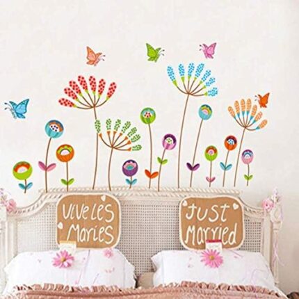 Colorful Cartoon Dandelion Wall Paper, Butterfly Flowers ， Background Wall Sticker for Home Kindergarten Decor