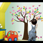 Colorful Tree Owls Wall Decal Butterflies Birds Home Sticker Paper Removable Living Dinning Room Bedroom Kitchen Art Picture Murals DIY Stick Girls Boys Kids Nursery Baby Playroom Decoration size 60x90 df5084