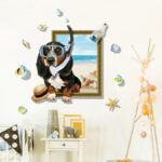 Miico Creative  Cartoon Summer Diving Dog Frame PVC Removable Home Room Decorative Wall Floor Decor Sticker Xl8313 - Image 2