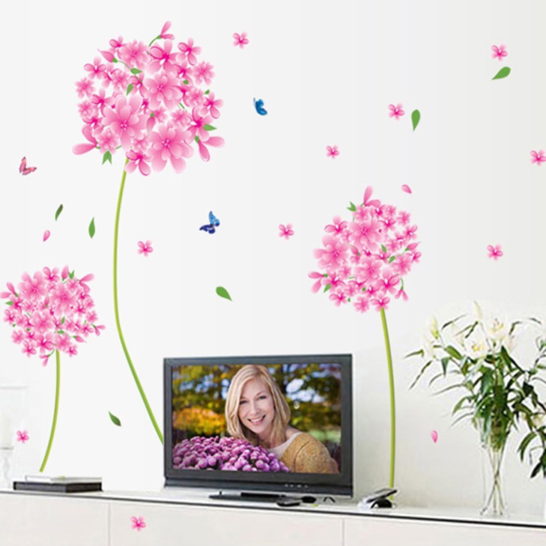 614xJv8VrYL._AC_SL1100 Butterflies Pink Flowers Wall Decal Nursery Baby Room Sticker House Decoration Wallpaper Removable Living Dinning Room Bedroom Kitchen Art Picture Murals DIY Stick size 50x70 xls7027 - Image 1