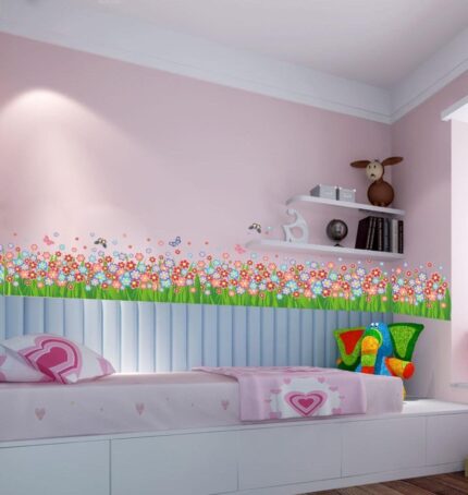 BIBITIME Green Grass Colorful Flower Border Vinyl Decals Living Room Bedroom Children's Room size 50x70 xh7216