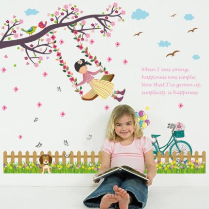 Swing Girl Baseboard Flowers Tree Birds Butterflies Wall Decal Home Sticker PVC Murals Paper House Decoration Wallpaper Living Room Bedroom Art Picture for Kids Teen Senior Adult Baby size 50x70 sk7051