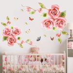 XXL Roses Pink Rose Flowers Wall Sticker  Mural Pictures Floral Butterfly Wall Art Decor for Living Room Bedroom Sofa  Decoration GS9602 Size: 60x90cm - Image 7