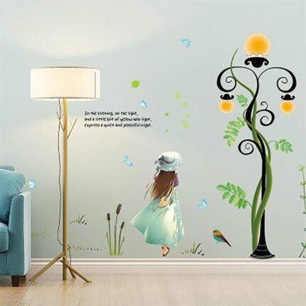 PG887 3D Color Wall Sticker Series 1- Cute Girl Under Plant Streetlight, Painting, Cartoon Character, English Alphabet Wallpaper Sticker Decoration School&Classroom
