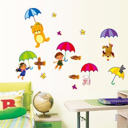 Bomeautify Murals Wall Stickers Kindergarten Classroom Layout Decoration Children Room Bedroom Cartoon Stickers Removable Paper Color Floating Umbrella, size 50x70 ay7037