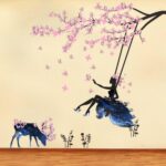 Zy110 Fairy Tree Swing Wall Decals Pink Flowers Tree Wall Stickers Moose Silhouette Flowers DIY Removable Butterfly Plants Animals Wall Decor for Kid Baby Bedroom Living Room Nursery Party - Image 2