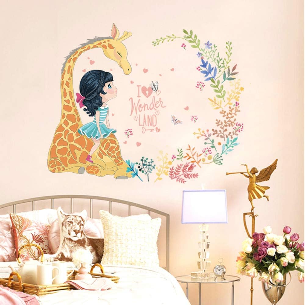 61NSBgxEjaL._AC_SL1000 Sk7101 Girl Giraffe Flowers Warm and Beautiful Painting Children's Room Kids Room Wall Decoration Bedroom Self-Adhesive Wall Stickers - Image 1