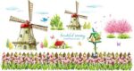Decorative wall decal, Dutch windmill design, tulip flowers, butterflies, birds and birds size 60x90  xh1110c - Image 4