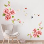 XXL Roses Pink Rose Flowers Wall Sticker  Mural Pictures Floral Butterfly Wall Art Decor for Living Room Bedroom Sofa  Decoration GS9602 Size: 60x90cm - Image 8