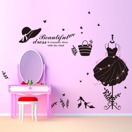 Wallpark Beautiful Black Dress Hat Bag High-Heeled Shoes Store Glass Showcase Removable Wall Sticker Decal, Living Room Bedroom Home Decoration Adhesive DIY Art Wall Mural size 50x70 xh0632c
