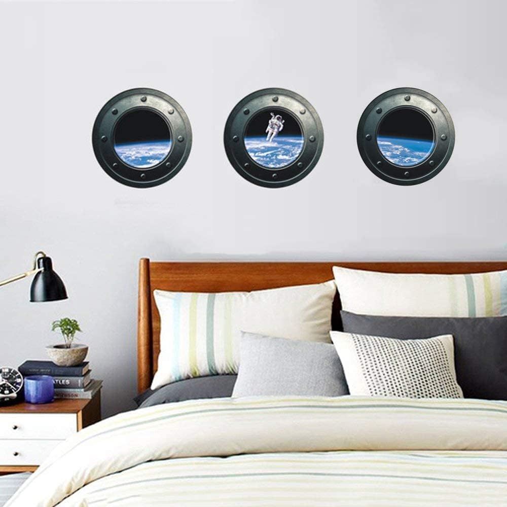 61i7cRWVuxL._AC_SL1000_7b9027ff-d6f1-455d-a7f3-345a46cc63f7 DNVEN 13 inches x 13 inches x 3pcs Set of 3 3D Astronaut Spaceman Galaxy Space Window View Faux Submarine Window Partial Frosted Frosting Murals Wall Decals Removable Wall Stickers for Bedrooms - Image 1
