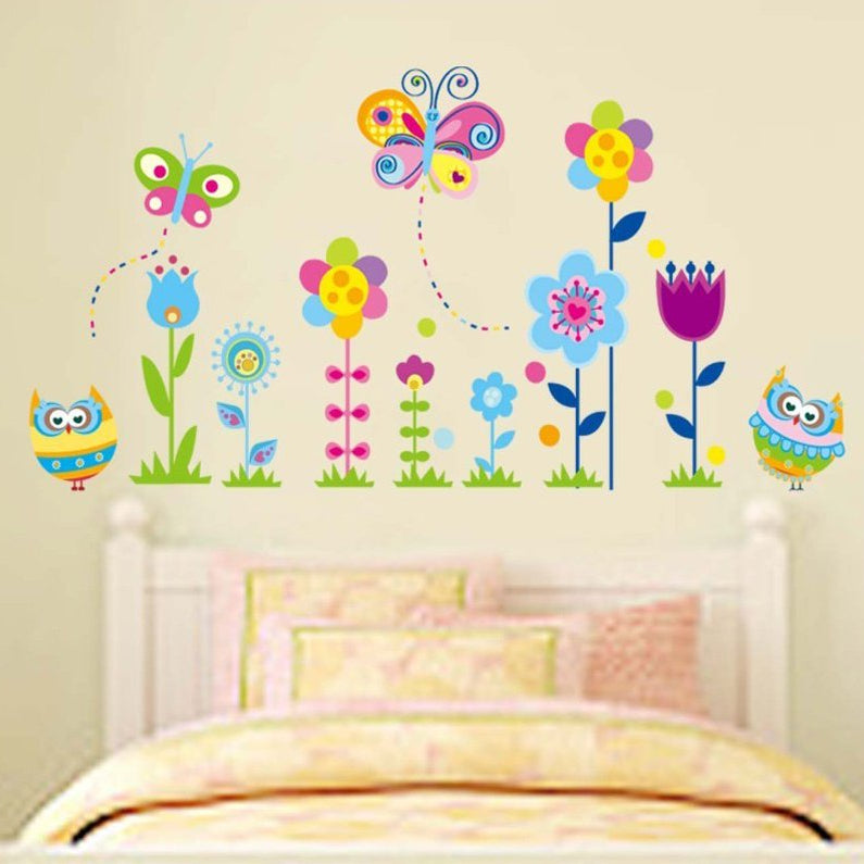 61j2n-owpkL Cartoon Owls Butterflies and Flowers Wall Decals, Children's Room Nursery Removable Wall Stickers Murals size 60x90 jm5116 - Image 1