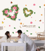 BIBITIME 2 Romantic Flower Hearts Meet "Love at First Sight" Valentines Day Vinyl Quotes Butterfly Lovers Wall Decals Sticker size 45x60 ay6014 - Image 4