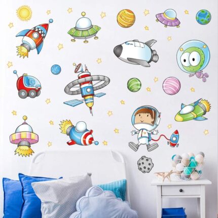 Space Astronaut Cartoon Wall Sticker Kids Room Outer Space Planet Galaxy Rocket Ship Decorative Wall Murals For Child's Favor size 50x70 xls7239