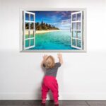 Winhappyhome Blue Sea Sky Beach Scene 3D Fake Window Wall Stickers for Bedroom Living Room Coffee Shop Background Removable Decor size 60x90  xh0998c