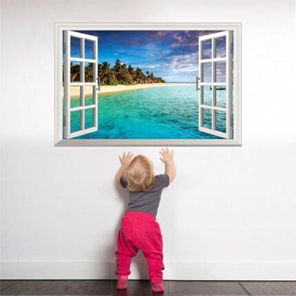 Winhappyhome Blue Sea Sky Beach Scene 3D Fake Window Wall Stickers for Bedroom Living Room Coffee Shop Background Removable Decor size 60x90  xh0998c