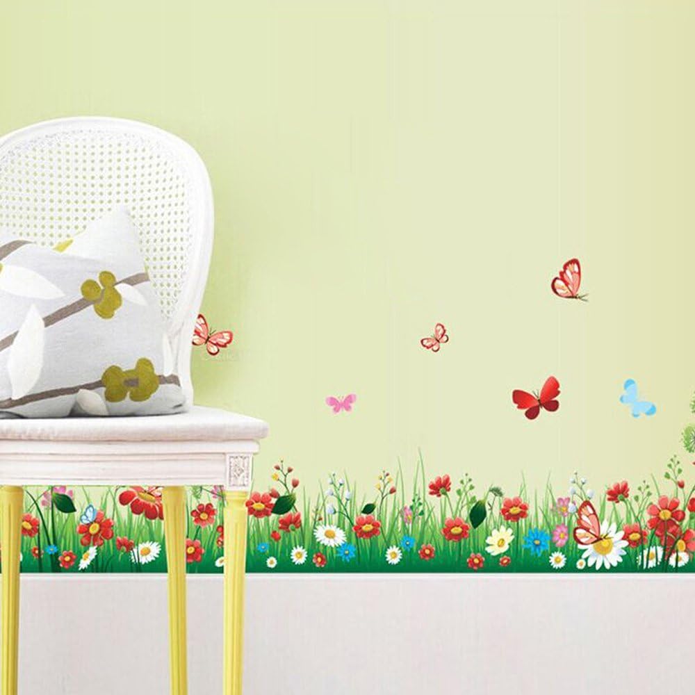 61mKdkHyCWL._AC_SL1000_21563352-e444-4e9b-bde0-d2de1330aa9a AY7186 Tattoo Green Grass Meadow Wall Sticker DIY Colourful Flowers & Butterflies Mural for Children's Room Living Room Bedroom Baseboard Hallway Wardrobe - Image 1