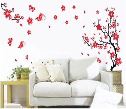 AGA Stylish Adhesive Rooms Walls Vinyl DIY Stickers/Murals/Decals/Tattoos/Transfers with Red Japanese Cherry Blossoms Tree/Branch and Butterflies Designs size 50x70