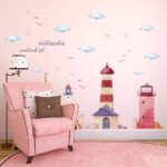 HM92019 Watercolor Lighthouse Wall Stickers Sailing Clouds Wall Sticker - Image 4