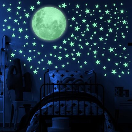 Moon Glow in The Dark Stars and Moon Ceiling Decal, Luminous Wall Decor for Children's Rooms, Sticky Fluorescence Stars and Moon, Gift for Boy and Girl Includes Affirmation Card