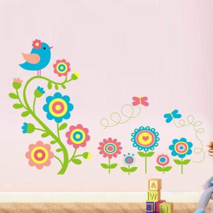 Home Find Colorful Cartoon Cute Birds and Flowers Vinyl DIY Wall Decals Stickers for Kids Colorful Vines size 50x70 jm8325