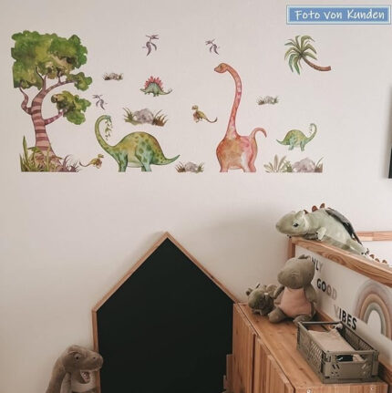 WandSticker4U® - Watercolour wall stickers for children DINOSAURES (126 x 61 cm) I decorative stickers animals tree colourful I wall sticker for children's room baby boy boy nursery decoration  size 60x90  hm92028