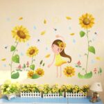 fashionbeautybuy Girl Sunflower Flowers Dragonfly Wall Sticker Decal Home Decor PVC Murals Wallpaper House Art Picture Living Room Adult Senior Teen Kids Baby Bedroom Decoration size 50x70 xls7192