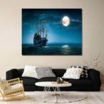 Canvas Wall Art - Night Boat Sailing Marine Moon Pictures - Modern Gallery Wall Decor Giclee Print Stretched and Framed Ready to Han size 70x100 ay8012xl - Image 3