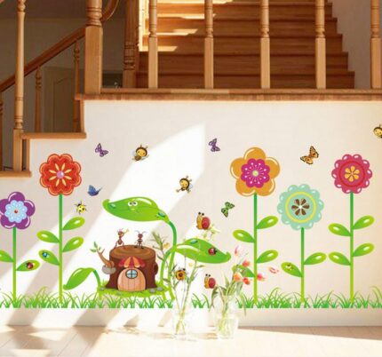 BIBITIME Grassland Flower Cartoon Animal Decal The Stump House Ants Bees Butterflies Snails Ladybugs Wall Sticker for Nursery Kids Room Bedroom size 50x70 xy8098