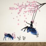 Zy110 Fairy Tree Swing Wall Decals Pink Flowers Tree Wall Stickers Moose Silhouette Flowers DIY Removable Butterfly Plants Animals Wall Decor for Kid Baby Bedroom Living Room Nursery Party - Image 3