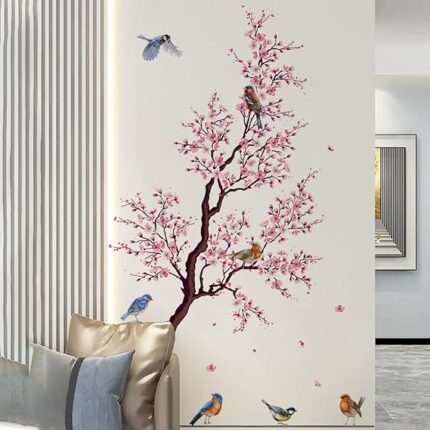 Pink Peach Blossom Flowers Branch Birds Floral Wall Stickers for Bedroom Living Room Furniture Background Wall Decals Murals PVC size (60x90) xh6021