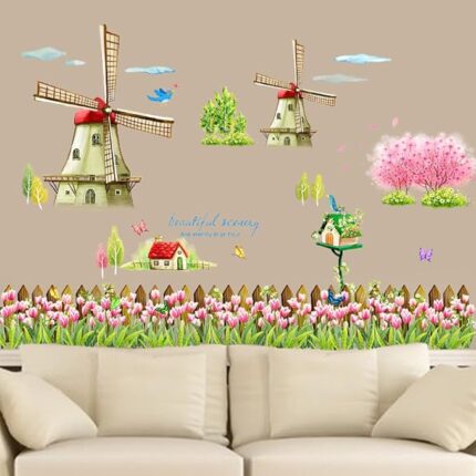Decorative wall decal, Dutch windmill design, tulip flowers, butterflies, birds and birds size 60x90  xh1110c