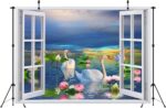 10x8ft Fabric Summer Lotus Lake Window Backdrop Picturesque Swan Lake Lotus Pond Scenery Background Home Wall Decor Photoshoot Studio Props size 50x70 sk7019b - Image 2