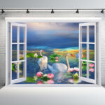 10x8ft Fabric Summer Lotus Lake Window Backdrop Picturesque Swan Lake Lotus Pond Scenery Background Home Wall Decor Photoshoot Studio Props size 50x70 sk7019b