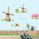 Decorative wall decal, Dutch windmill design, tulip flowers, butterflies, birds and birds size 60x90  xh1110c - Image 3