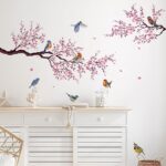 Pink Peach Blossom Flowers Branch Birds Floral Wall Stickers for Bedroom Living Room Furniture Background Wall Decals Murals PVC size (60x90) xh6021 - Image 3