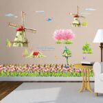 Decorative wall decal, Dutch windmill design, tulip flowers, butterflies, birds and birds size 60x90  xh1110c - Image 2